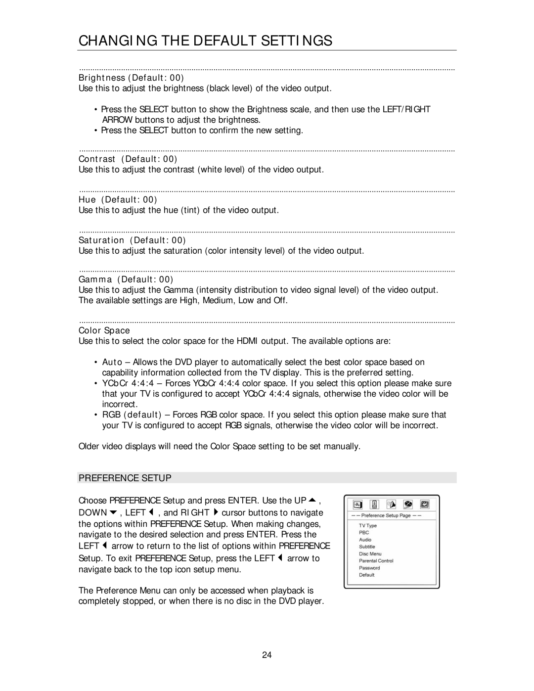 Cary Audio Design DVD 8 owner manual Preference Setup 