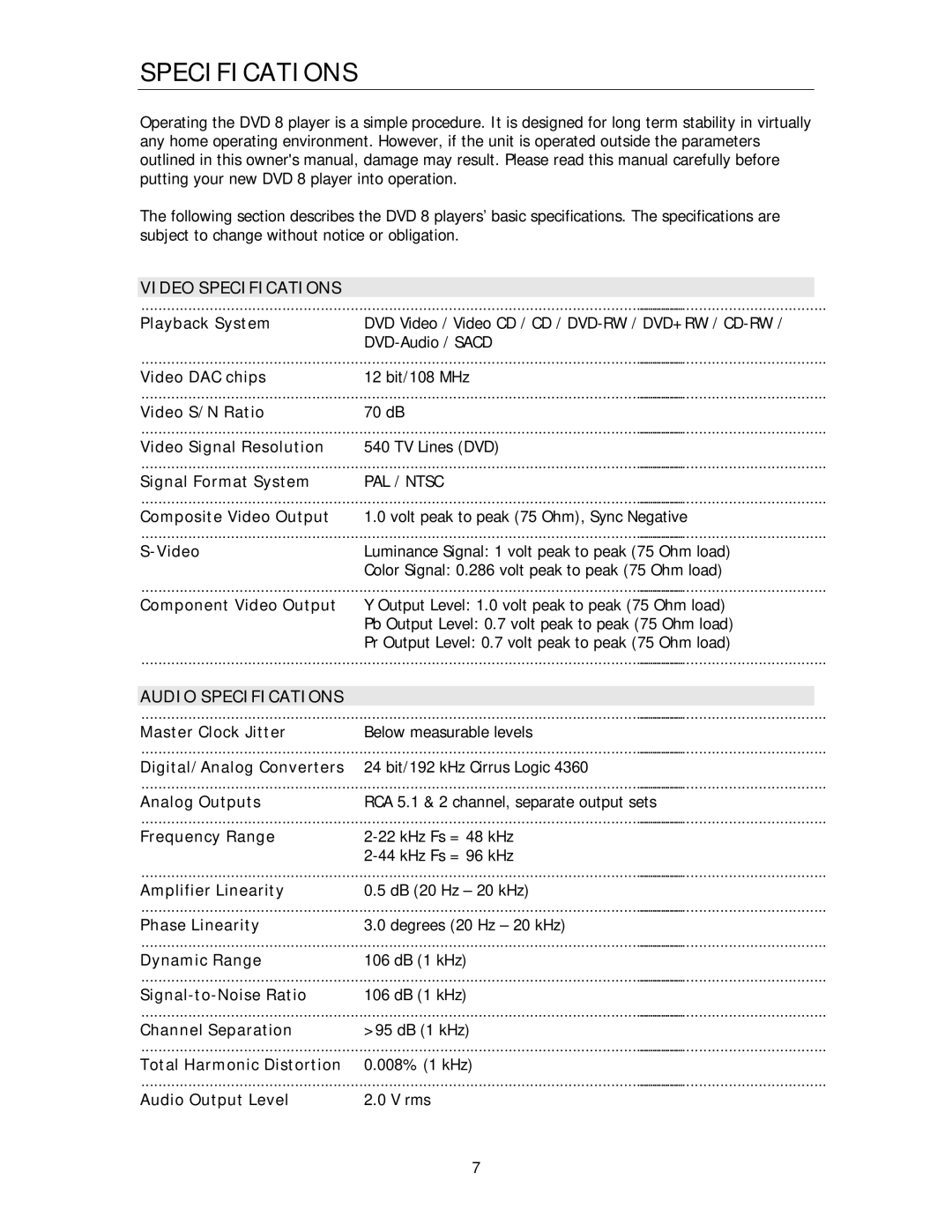 Cary Audio Design DVD 8 owner manual Video Specifications, Audio Specifications 