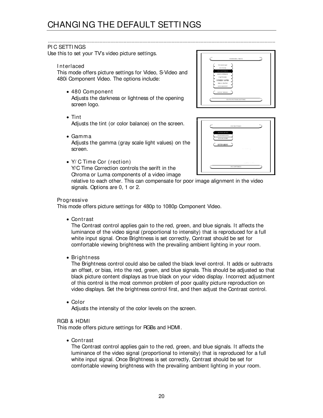 Cary Audio Design HD1080P, HD720P owner manual PIC Settings, RGB & Hdmi 