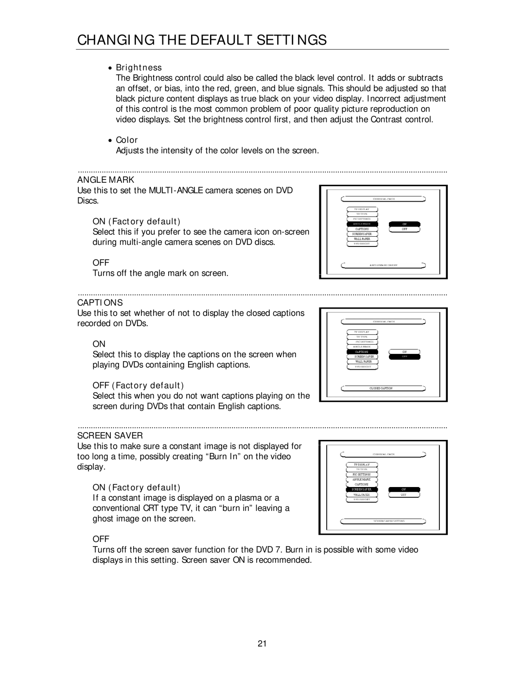 Cary Audio Design HD720P, HD1080P owner manual Angle Mark, Off, Captions, Screen Saver 