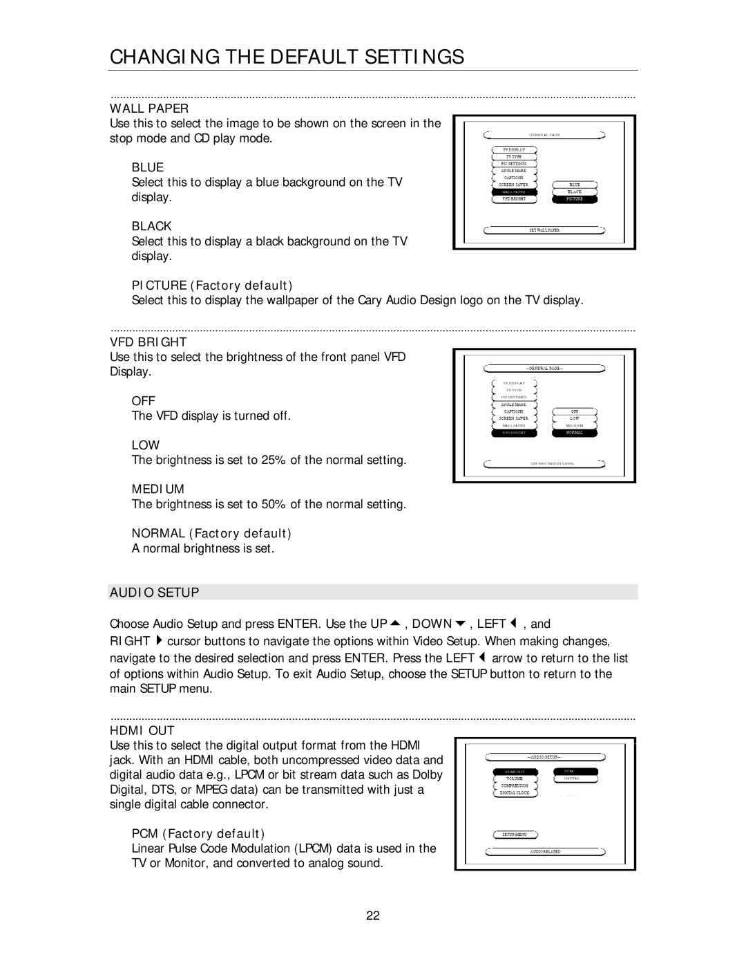 Cary Audio Design HD1080P, HD720P owner manual Audio Setup 