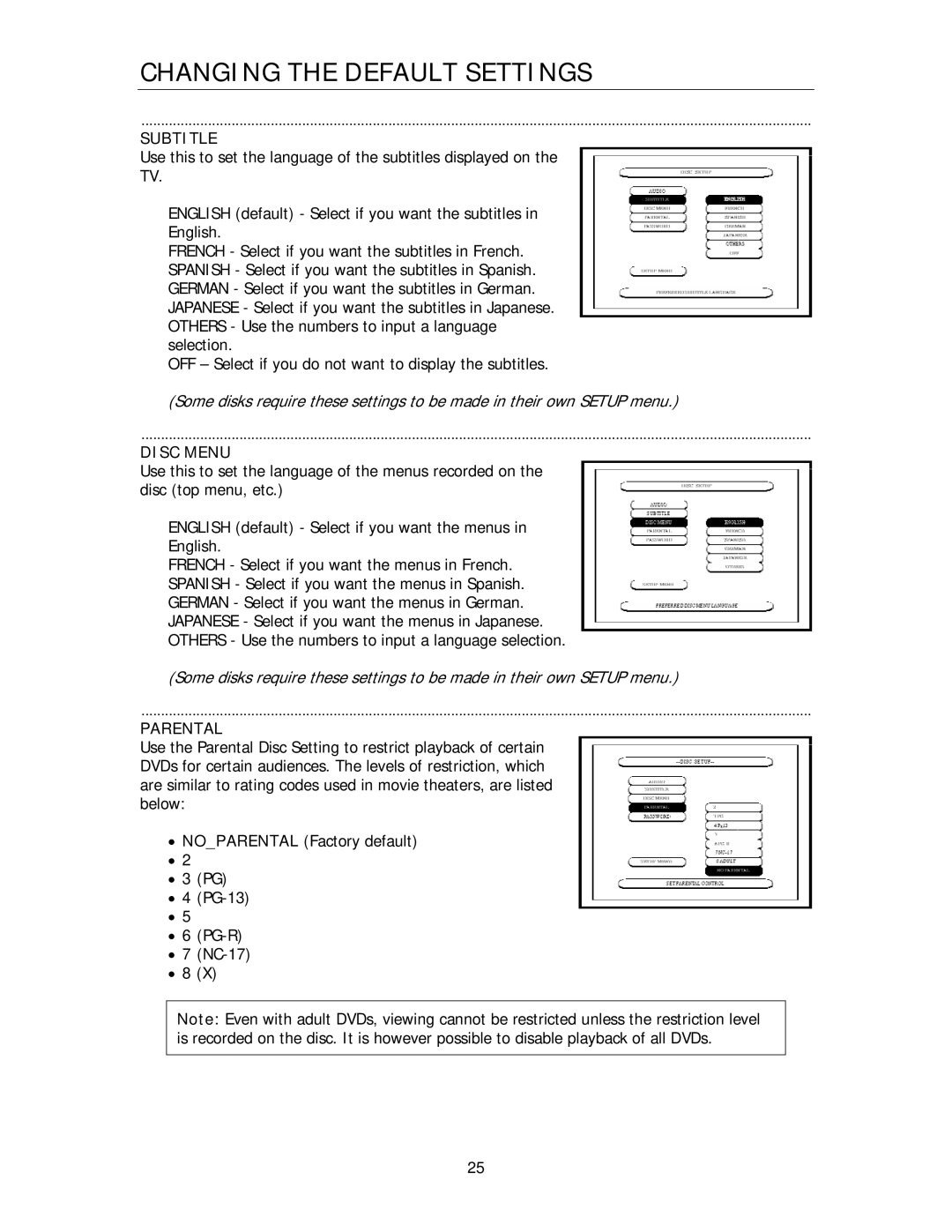 Cary Audio Design HD720P, HD1080P owner manual Subtitle, Disc Menu, Parental 