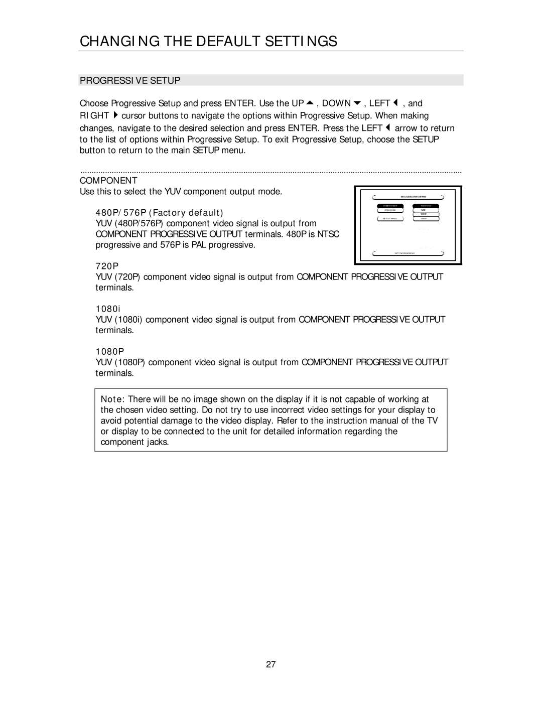 Cary Audio Design HD720P, HD1080P owner manual Progressive Setup, Component 