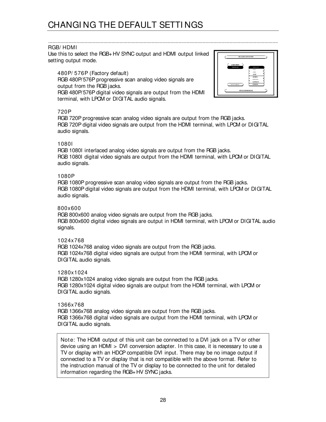 Cary Audio Design HD1080P, HD720P owner manual Rgb/Hdmi, 800x600, 1024x768, 1366x768 