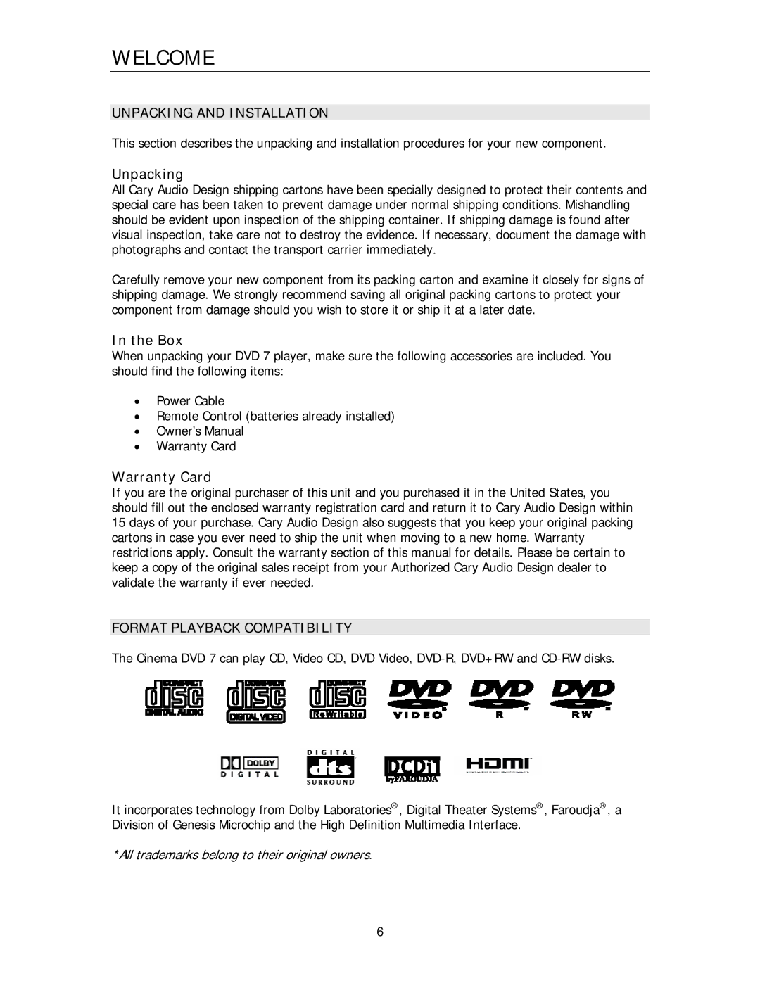 Cary Audio Design HD1080P, HD720P owner manual Unpacking and Installation, Format Playback Compatibility 