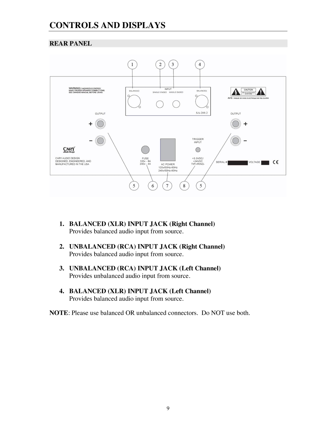 Cary Audio Design SA-200.2 owner manual Rear Panel 