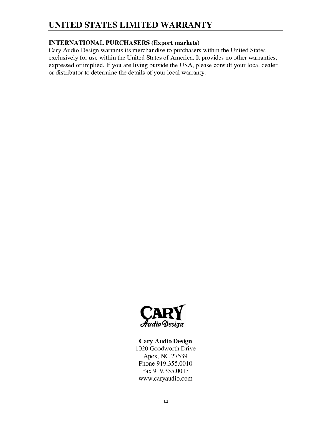 Cary Audio Design SA-200.2 owner manual International Purchasers Export markets, Cary Audio Design 