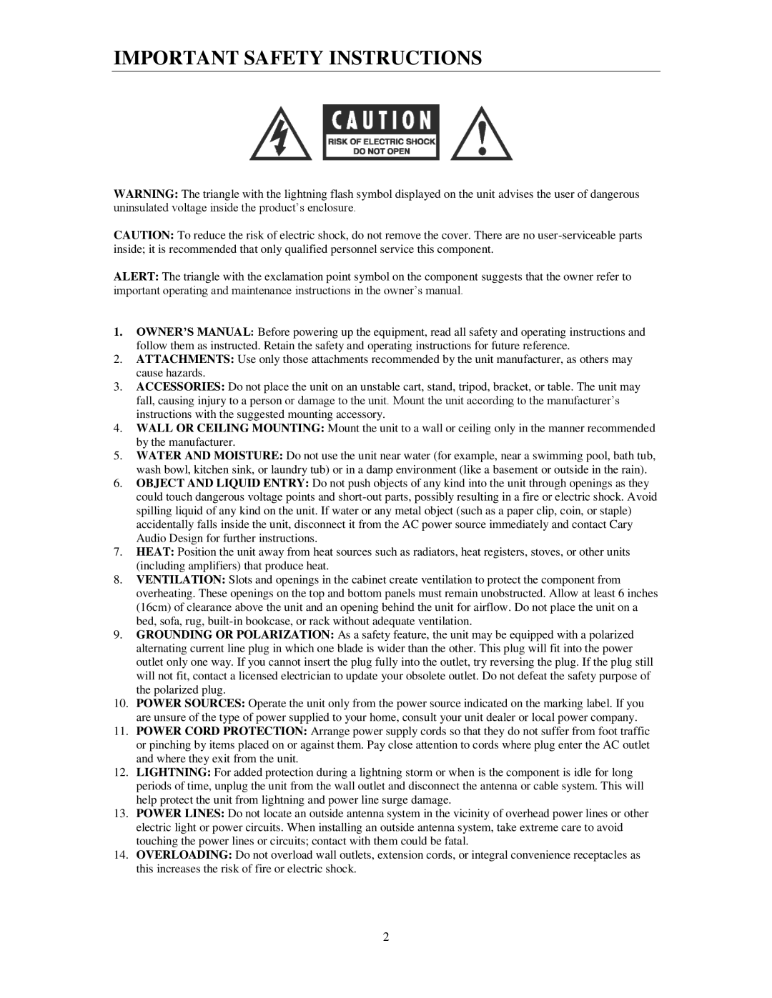 Cary Audio Design SA-200.2 owner manual Important Safety Instructions 