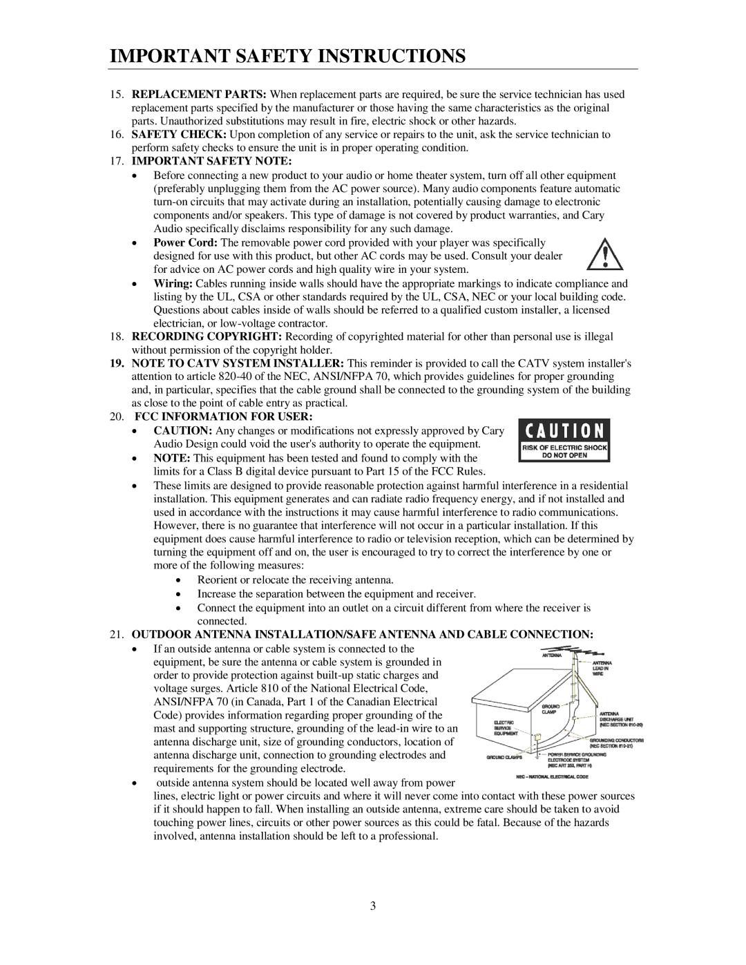 Cary Audio Design SA-200.2 owner manual Important Safety Note 