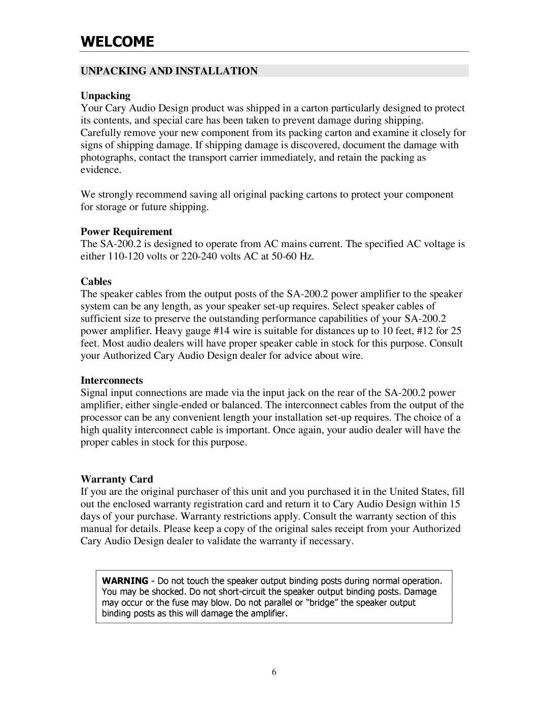 Cary Audio Design SA-200.2 owner manual Unpacking and Installation 