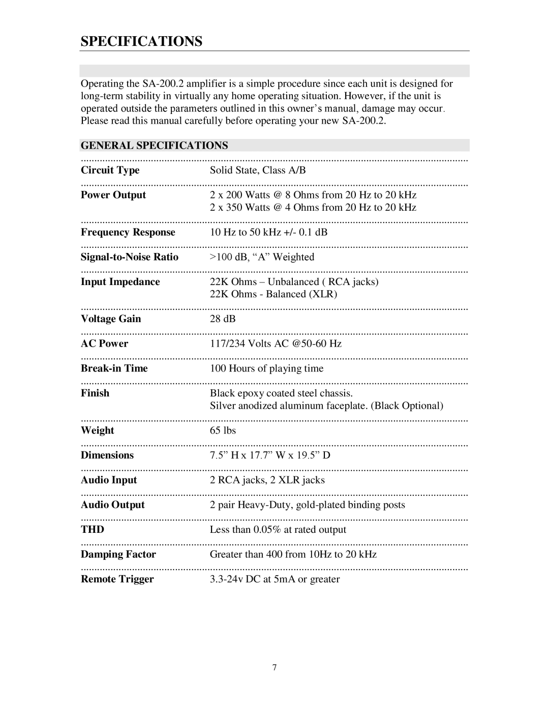 Cary Audio Design SA-200.2 owner manual General Specifications 