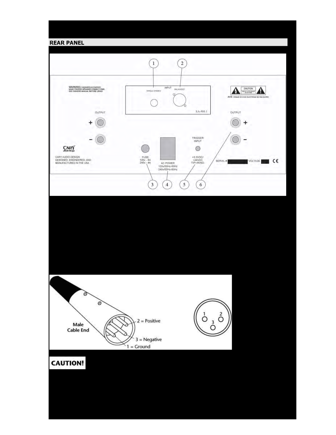 Cary Audio Design SA-500.1 owner manual Controls And Displays, Rear Panel 