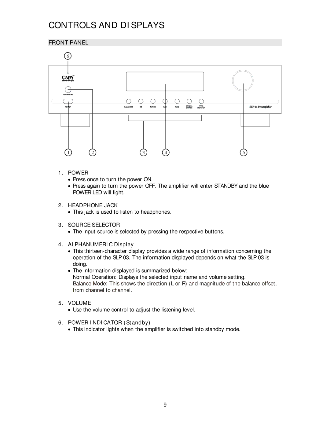 Cary Audio Design SLP 03 owner manual Controls and Displays, Front Panel 