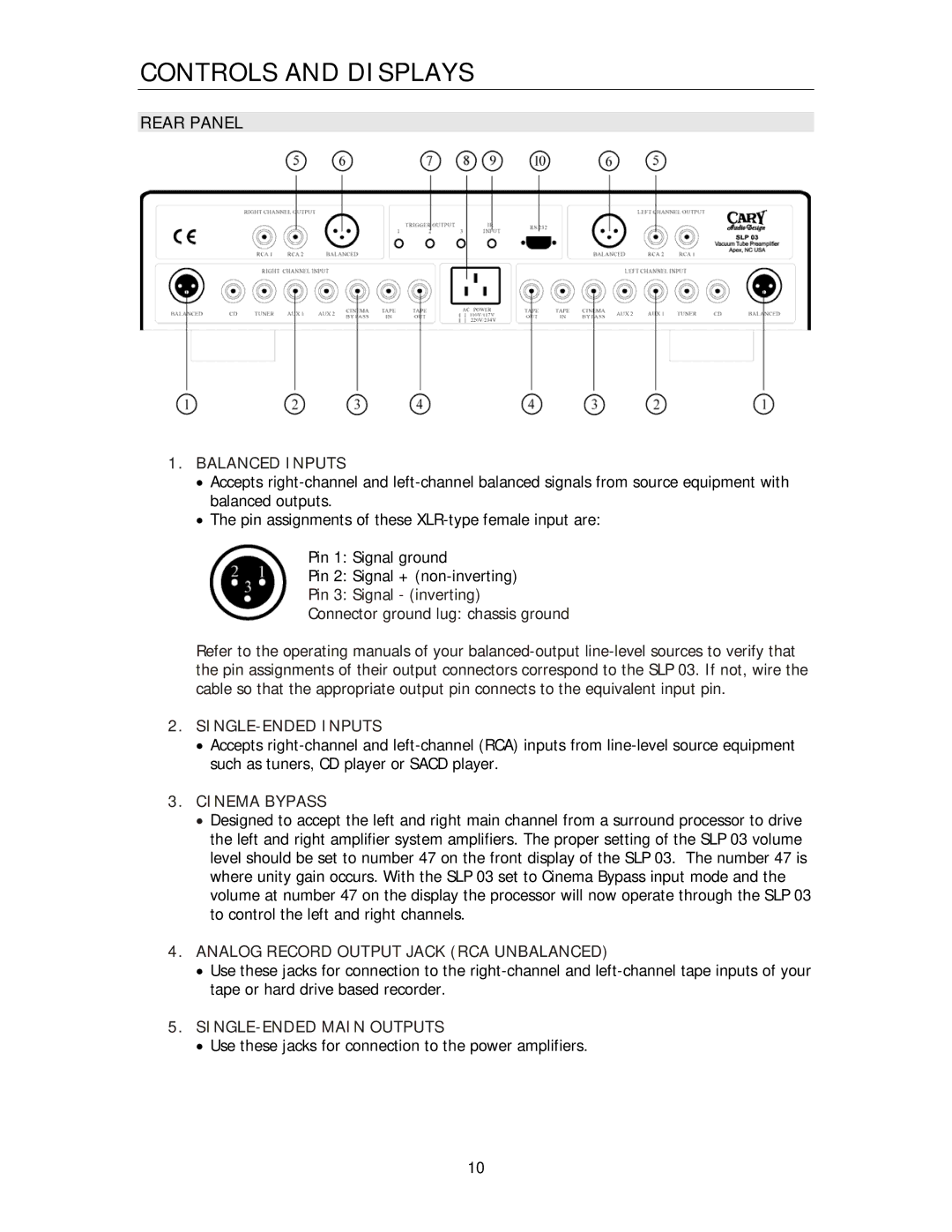 Cary Audio Design SLP 03 owner manual Rear Panel, Balanced Inputs 