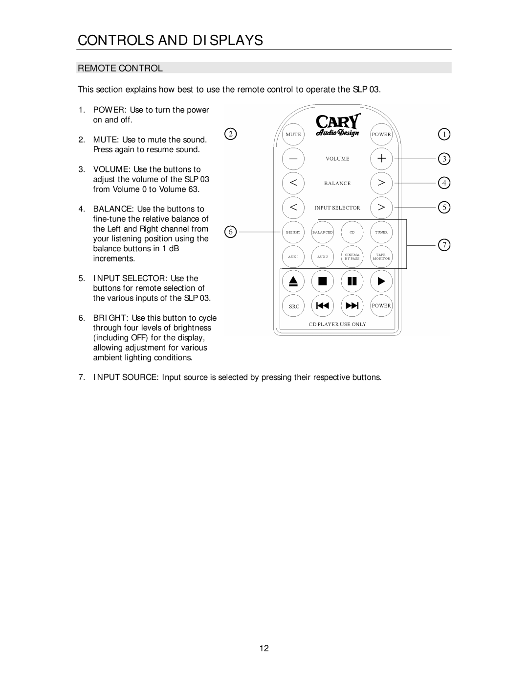 Cary Audio Design SLP 03 owner manual Remote Control 