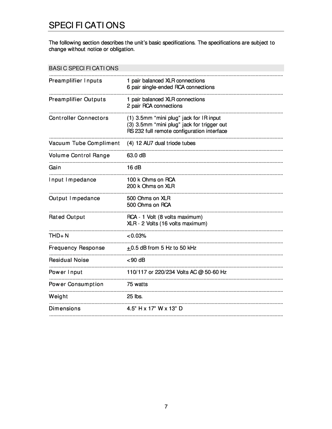 Cary Audio Design SLP 03 owner manual Basic Specifications 