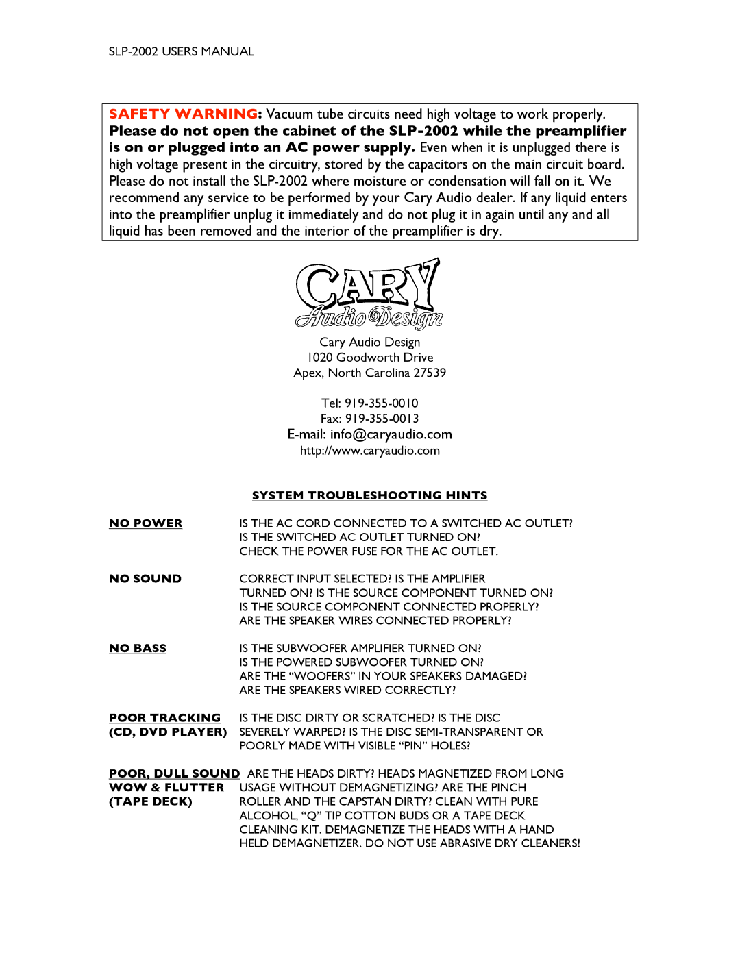 Cary Audio Design SLP-2002 user manual Mail info@caryaudio.com 