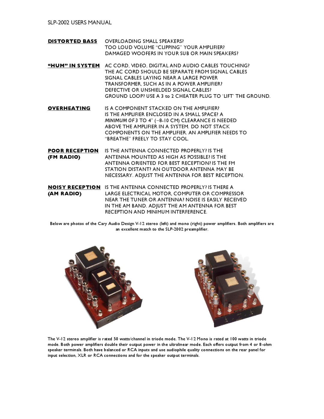 Cary Audio Design SLP-2002 user manual Distorted Bass Overloading Small SPEAKERS? 