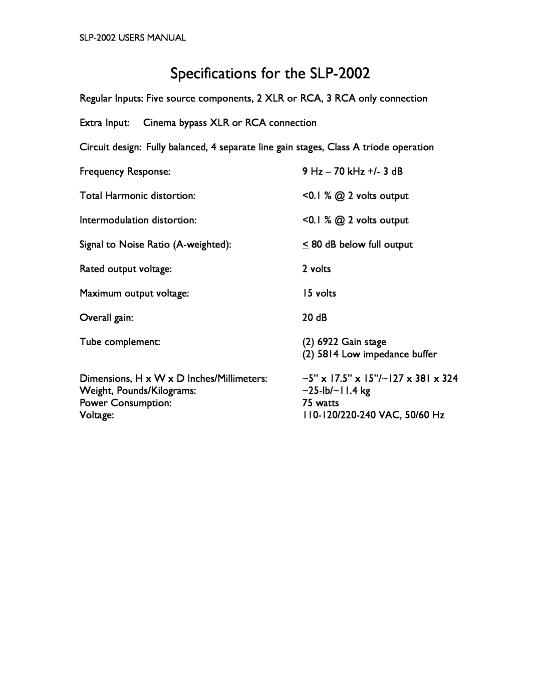Cary Audio Design user manual Specifications for the SLP-2002 
