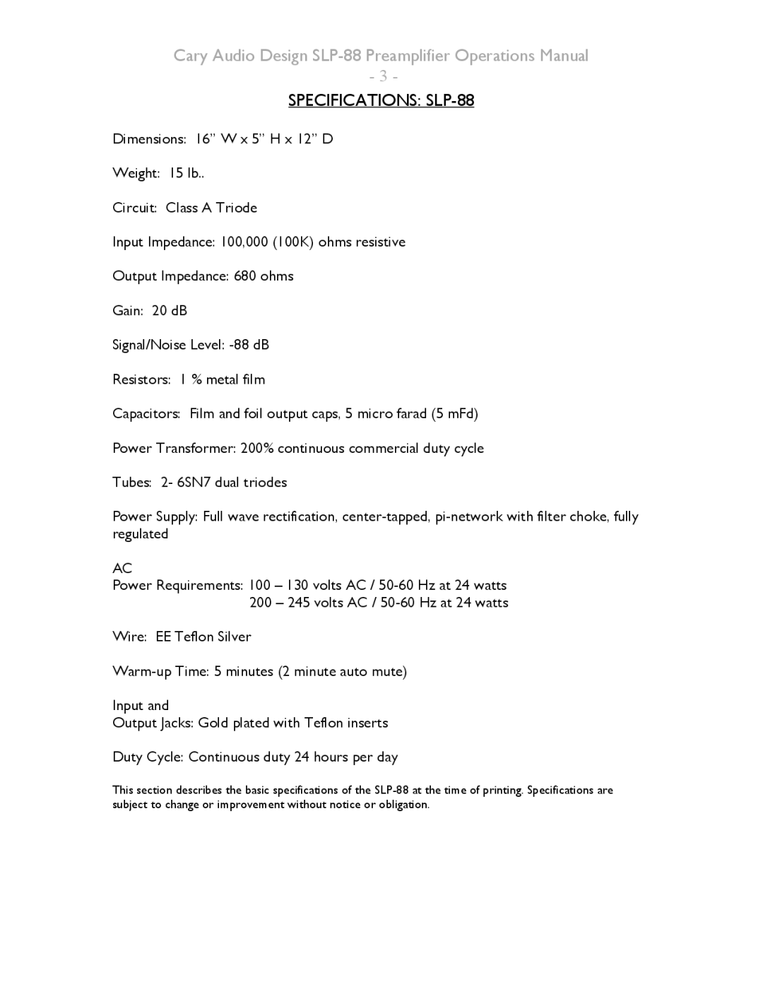 Cary Audio Design installation manual Specifications SLP-88 