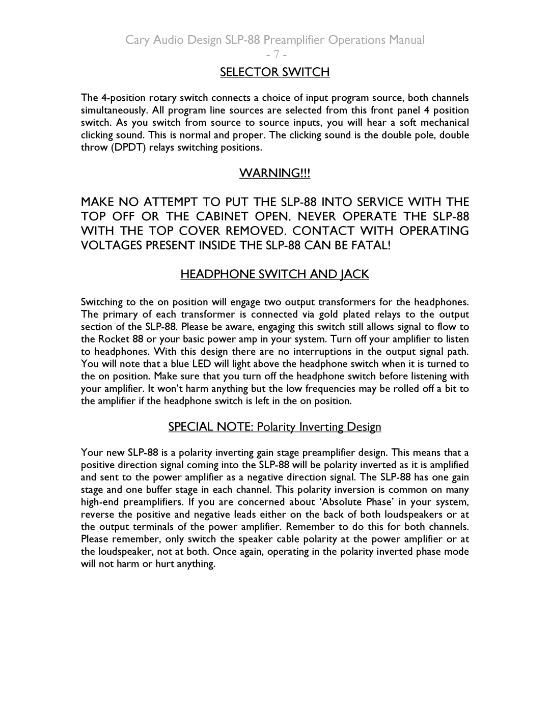 Cary Audio Design SLP-88 installation manual Selector Switch, Headphone Switch and Jack 