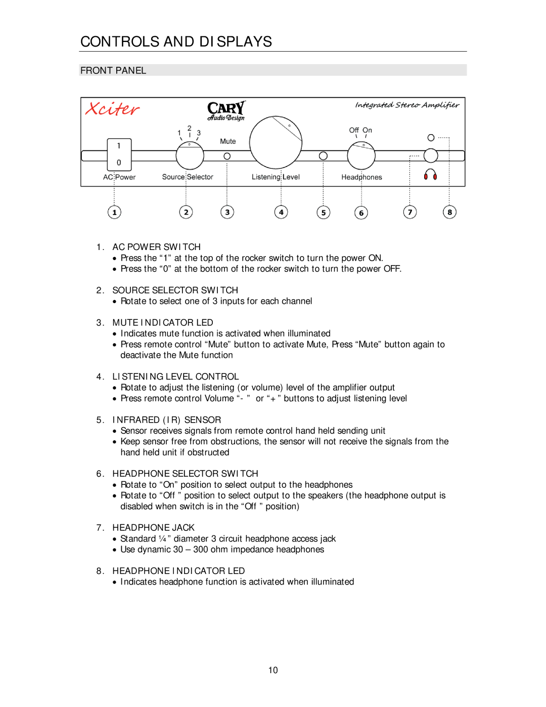 Cary Audio Design Xciter owner manual Controls and Displays, Front Panel 