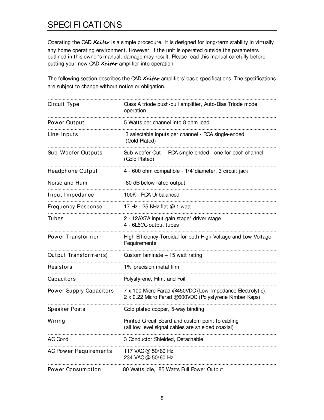 Cary Audio Design Xciter owner manual Specifications, Wiring 