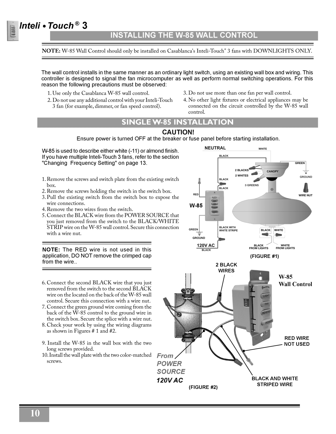 Casablanca Fan Company 3211Z, 3243Z owner manual Installing the W-85 Wall Control, Single W-85 Installation 