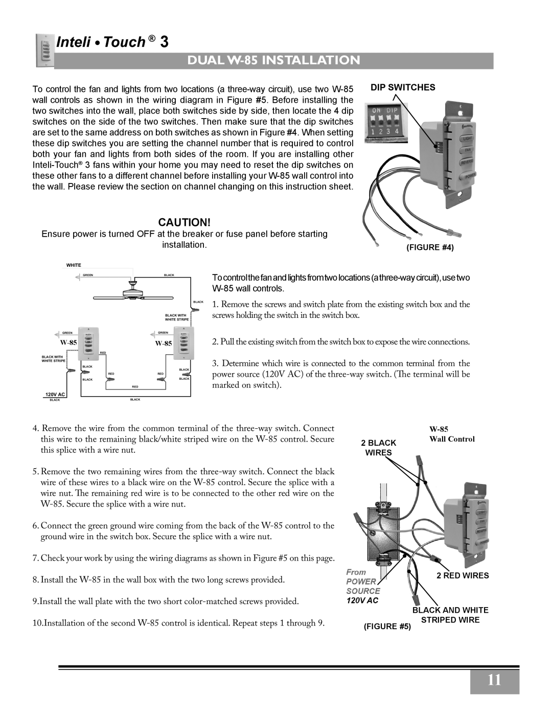 Casablanca Fan Company 3243Z, 3211Z owner manual Dual W-85 Installation, DIP Switches 