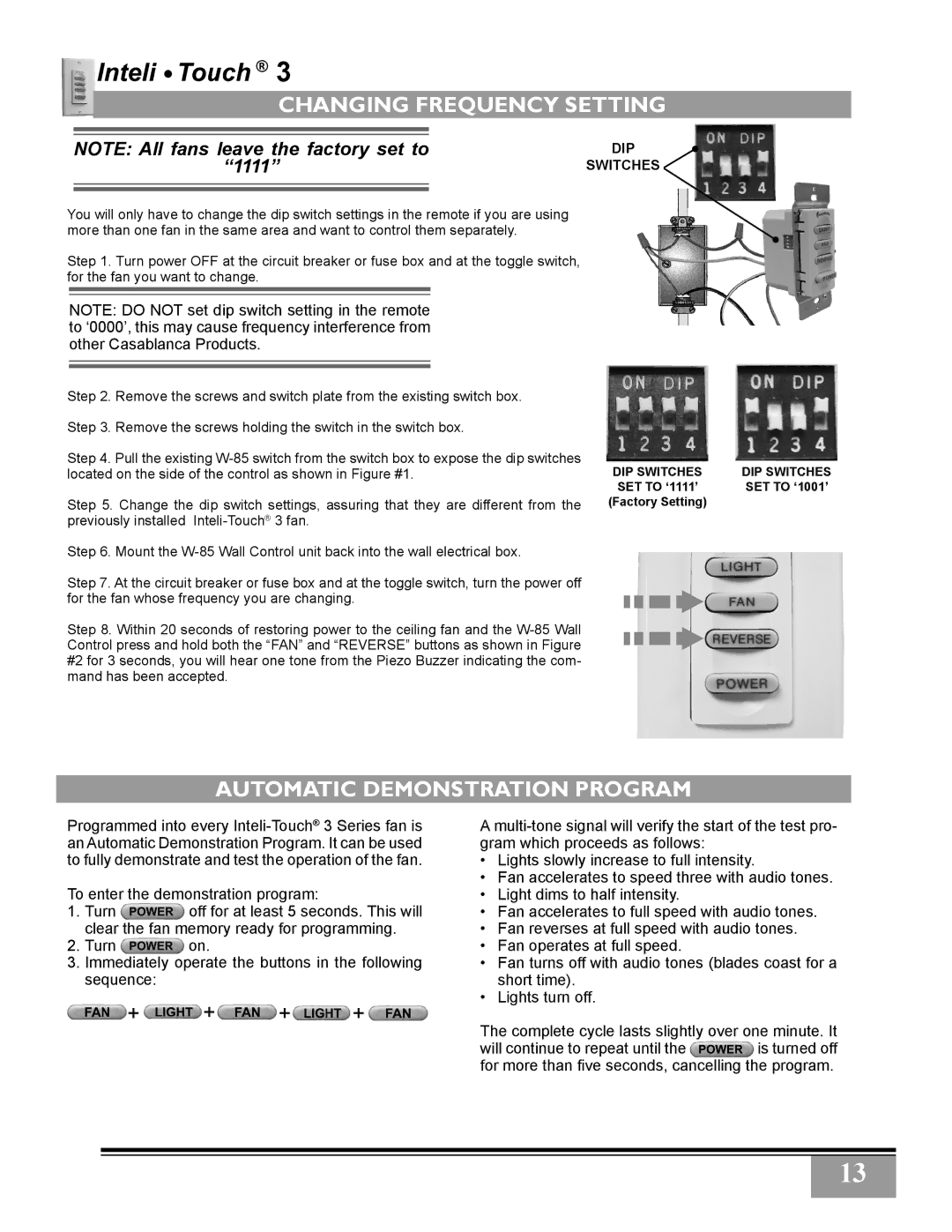 Casablanca Fan Company 3243Z, 3211Z owner manual Changing Frequency Setting, Automatic Demonstration Program 