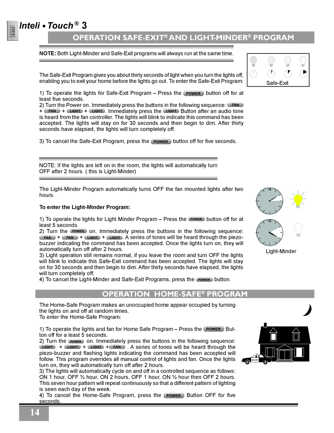 Casablanca Fan Company 3211Z, 3243Z owner manual Operation Safe-Exitand light-minderProgram, Operation Home-SafeProgram 