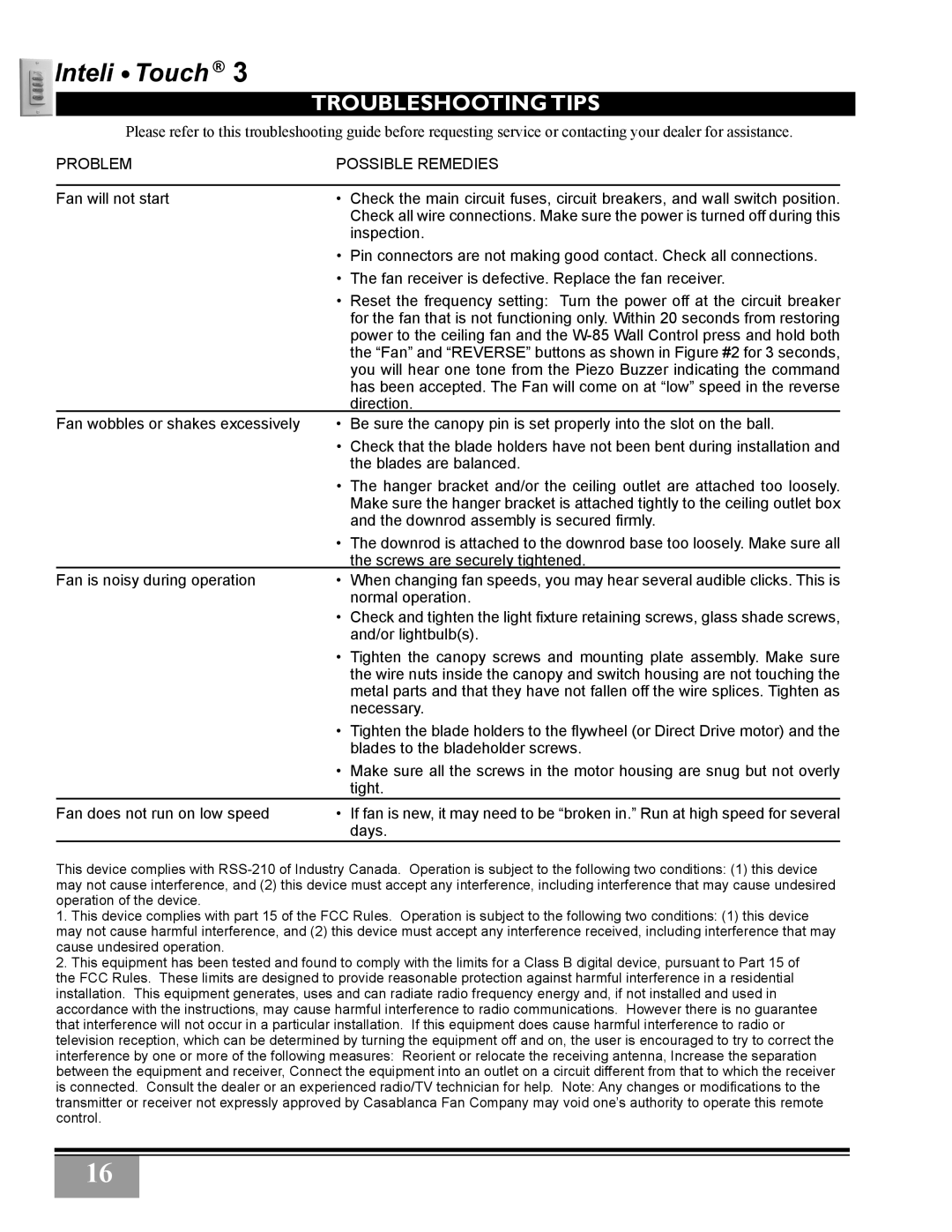 Casablanca Fan Company 3211Z, 3243Z owner manual Troubleshooting tips, Problem Possible Remedies 