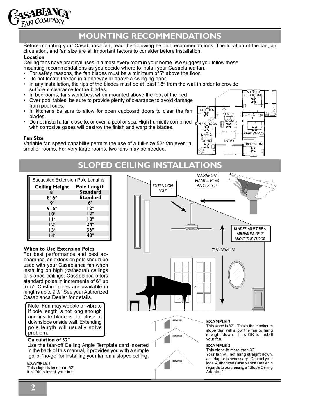 Casablanca Fan Company 3211Z, 3243Z owner manual Mounting Recommendations, Sloped Ceiling Installations 