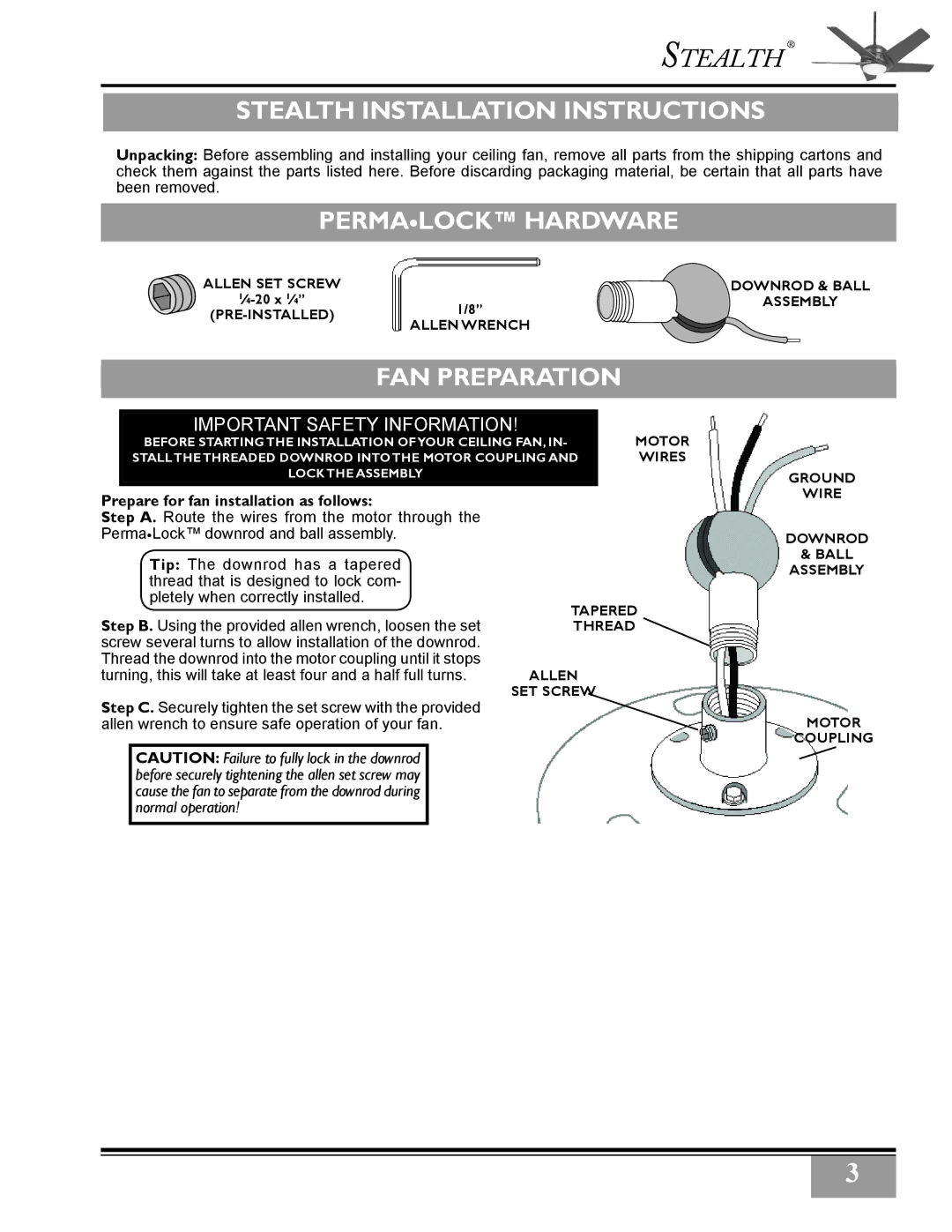 Casablanca Fan Company 3243Z, 3211Z owner manual Stealth Installation Instructions, Fan preparation 