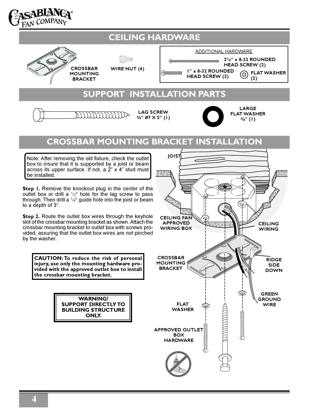 Casablanca Fan Company 3211Z, 3243Z Ceiling Hardware, Support Installation Parts, Crossbar Mounting Bracket Installation 