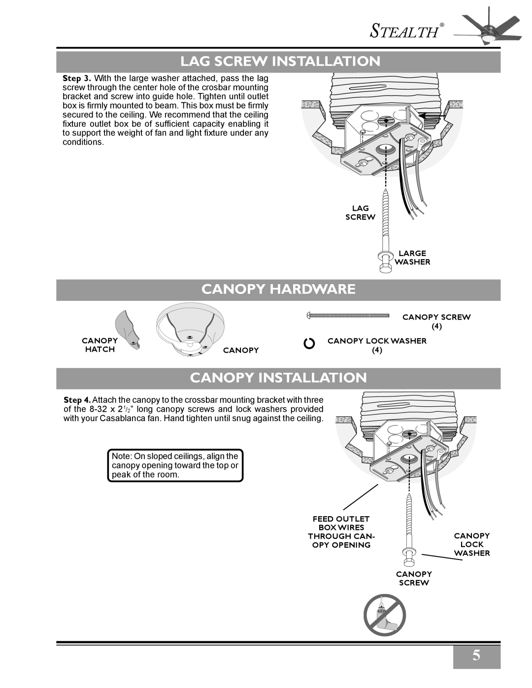 Casablanca Fan Company 3243Z, 3211Z owner manual LAG Screw Installation, Canopy Hardware 