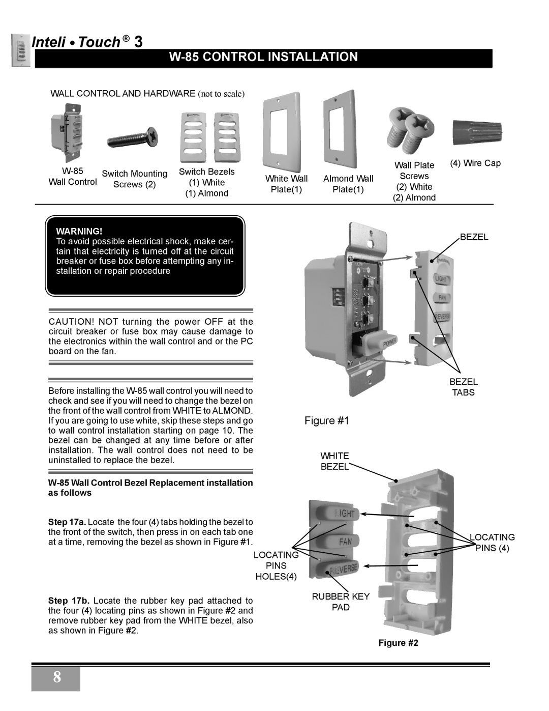 Casablanca Fan Company 3211Z, 3243Z owner manual Wall Control Bezel Replacement installation as follows, Figure #2 