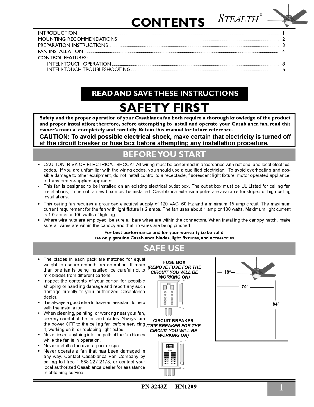 Casablanca Fan Company 3243Z owner manual Stealth, Beforeyou Start, Safe Use, Read And Save These Instructions, Contents 