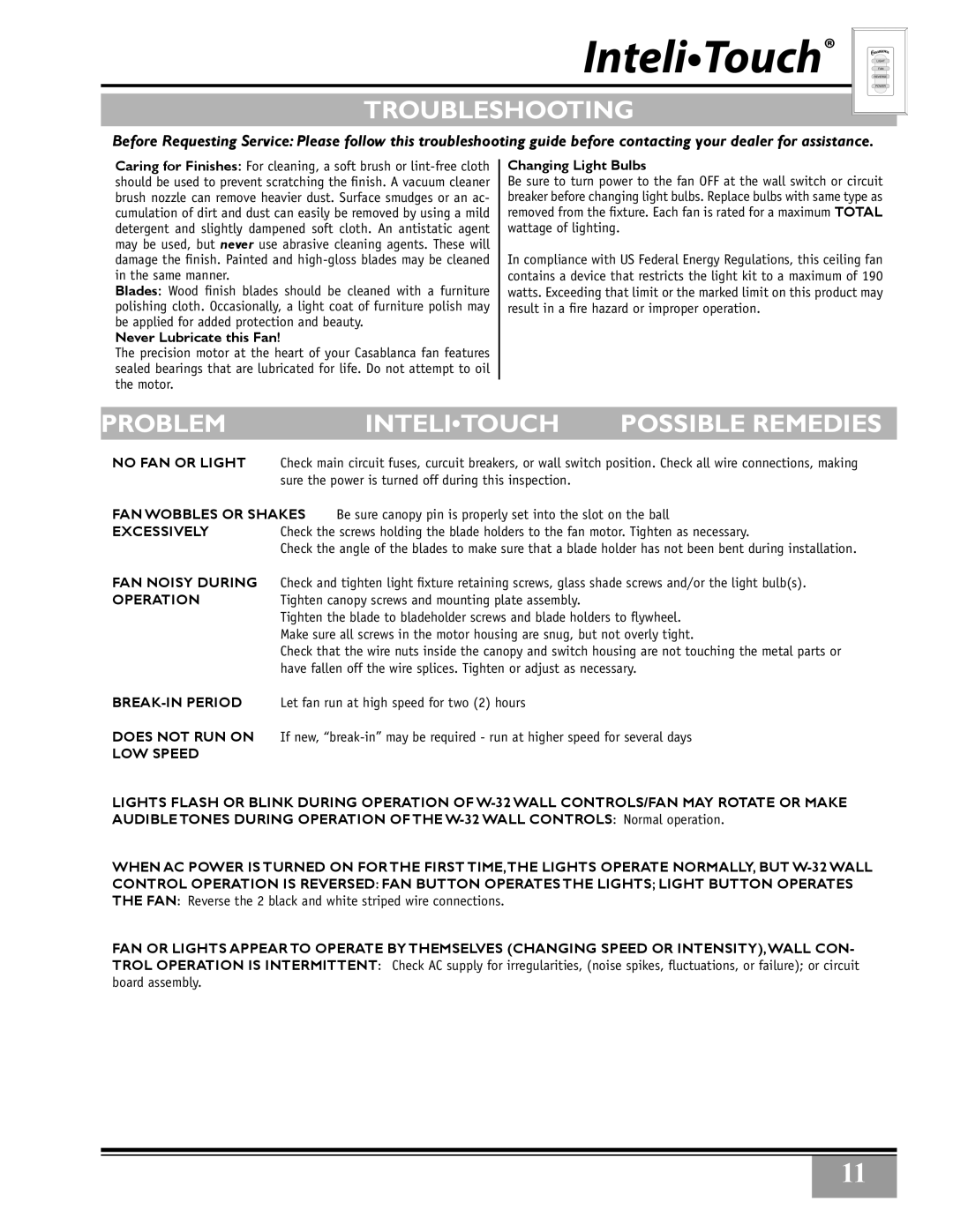 Casablanca Fan Company 32xxA Troubleshooting, Problem Intelitouch Possible Remedies, Never Lubricate this Fan, LOW Speed 