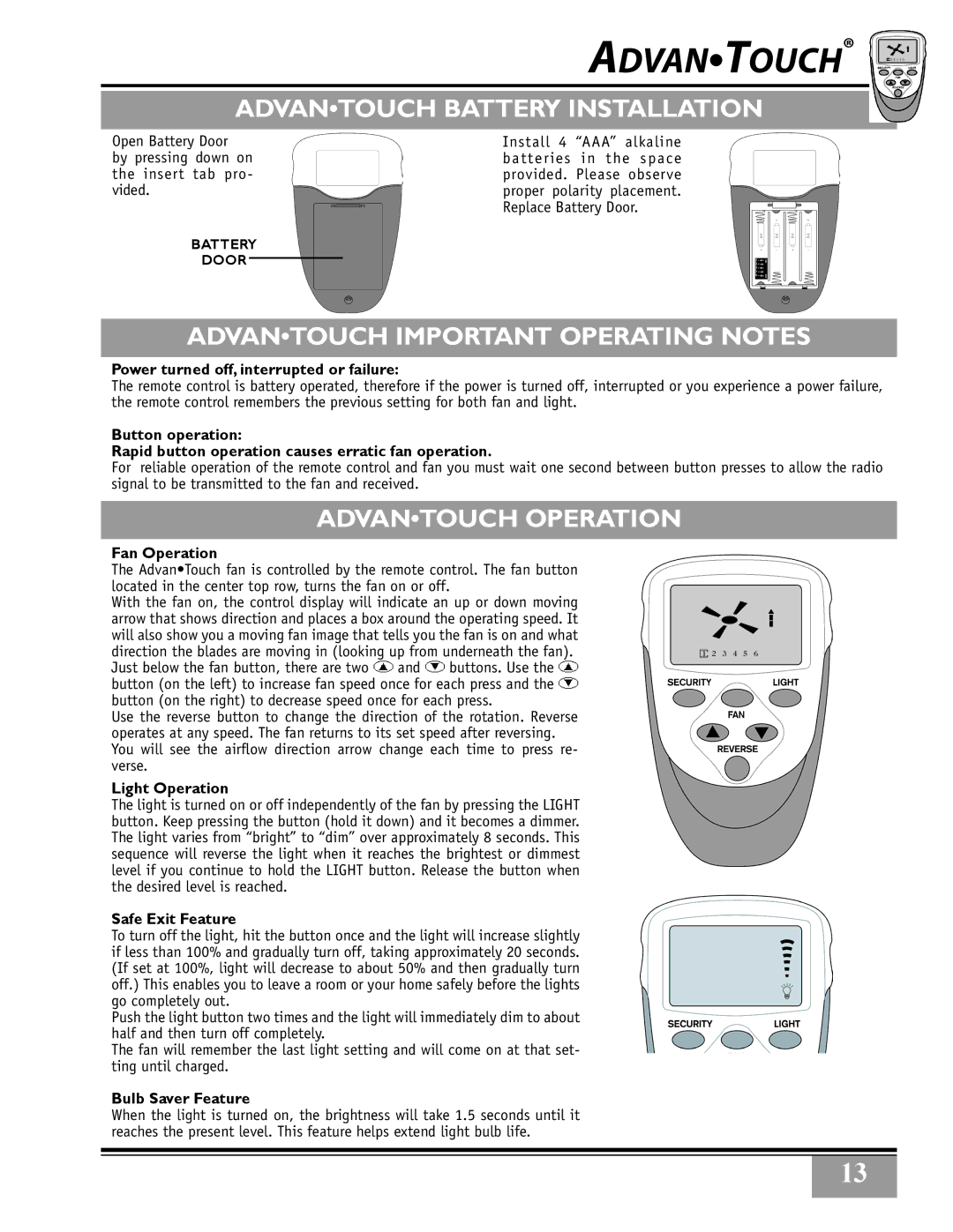 Casablanca Fan Company 32xxA AdvanTOUCH Battery Installation, AdvanTOUCH important operating notes, AdvanTOUCH Operation 