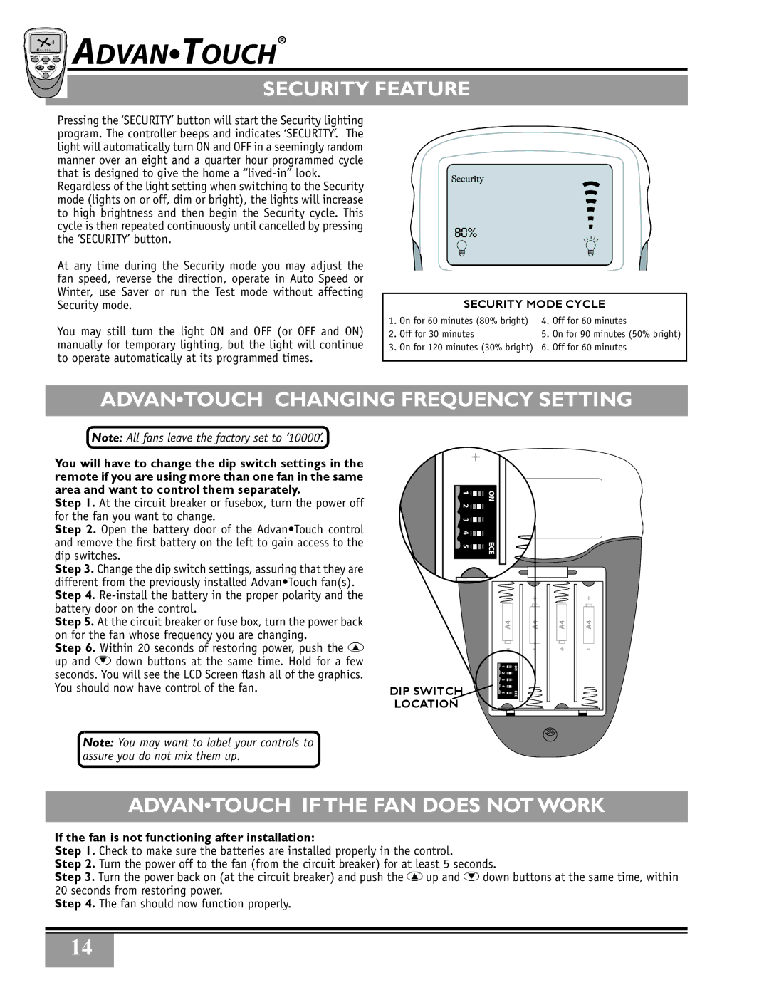 Casablanca Fan Company 32xxA Security Feature, AdvanTOUCH Changing frequency setting, AdvanTOUCH If the fan does not work 