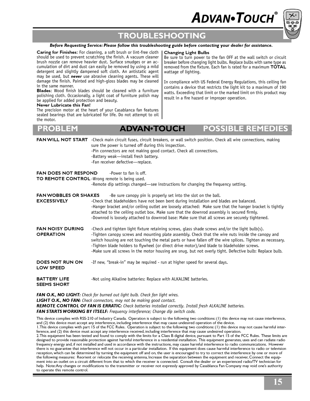 Casablanca Fan Company 32xxA owner manual Troubleshooting, PProblem-ADVANTOUCH POSSIBLEossibleremediesR 