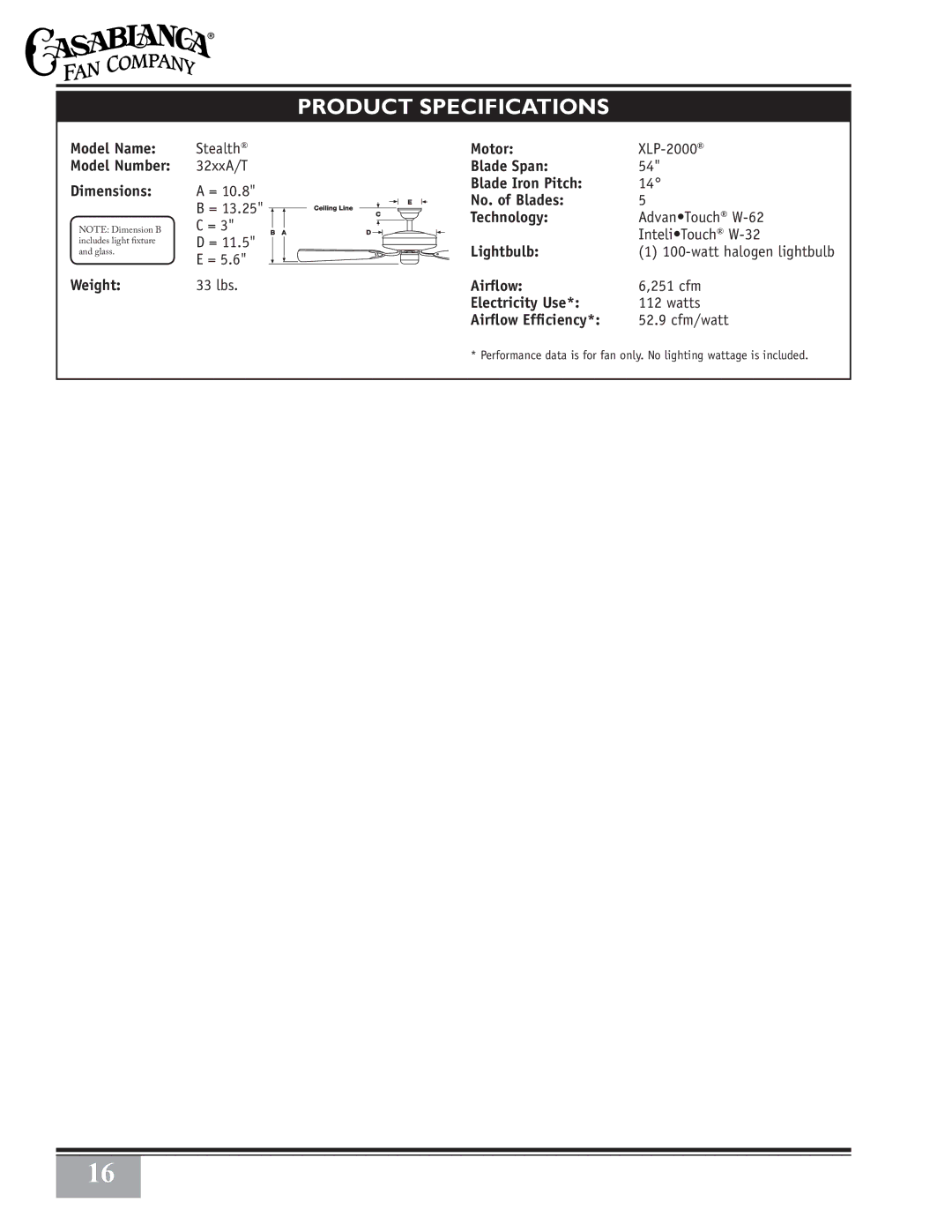 Casablanca Fan Company 32xxA owner manual Product Specifications 