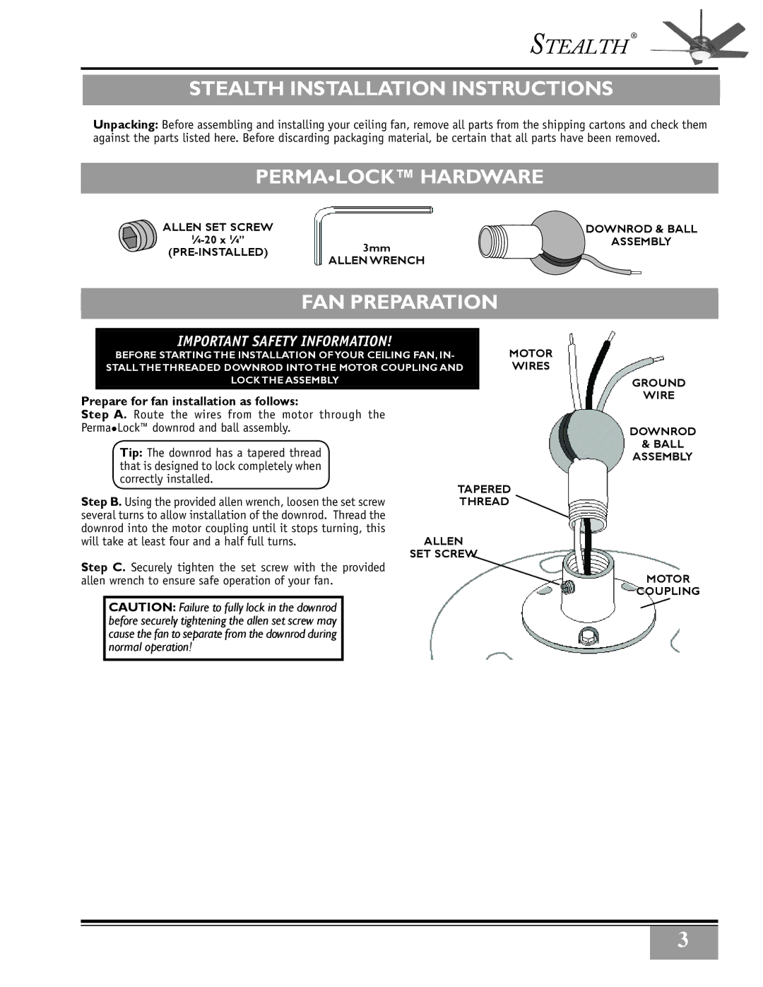 Casablanca Fan Company 32xxA owner manual Stealth Installation Instructions, Permalock hardware, Fan preparation 