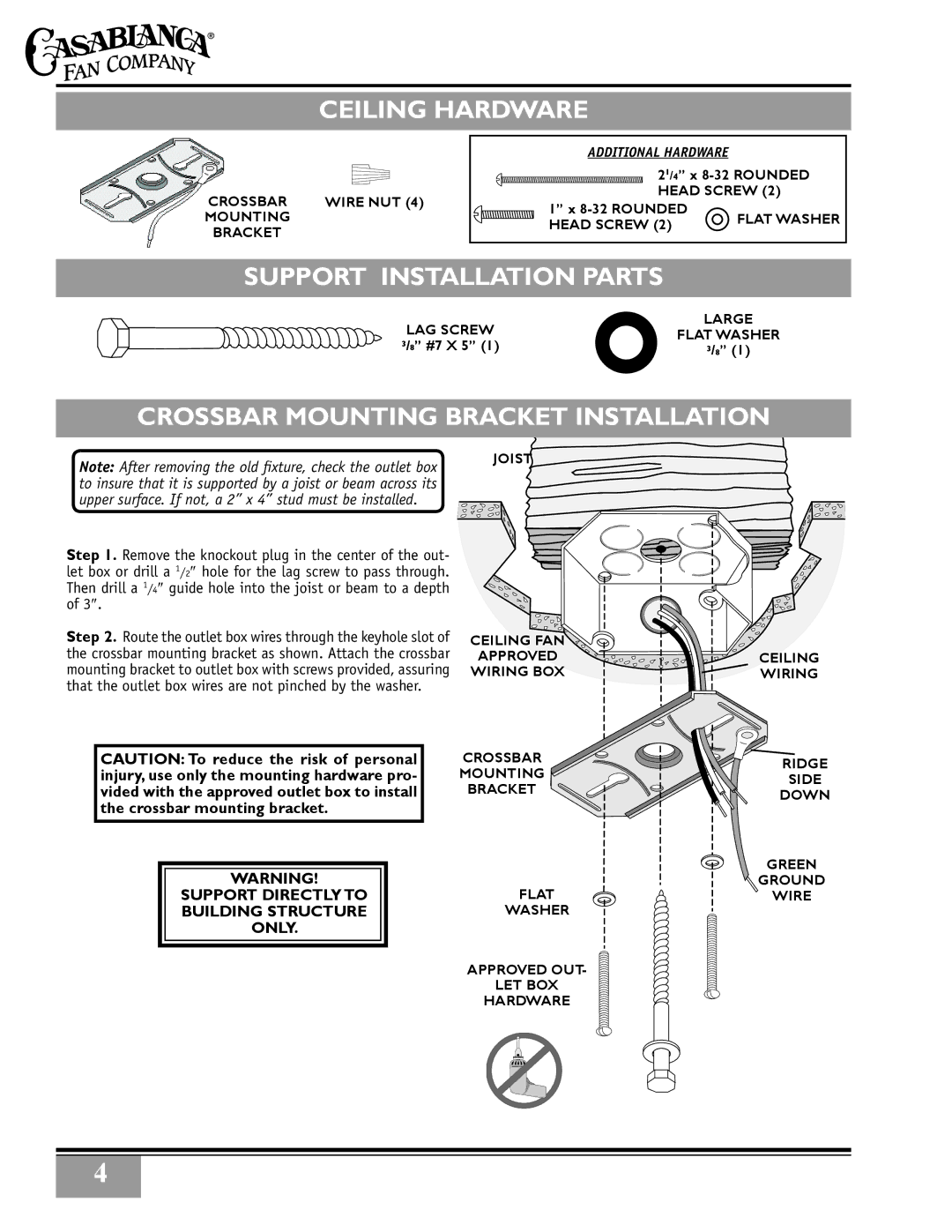 Casablanca Fan Company 32xxA Ceiling Hardware, Support Installation Parts, Crossbar Mounting Bracket Installation 