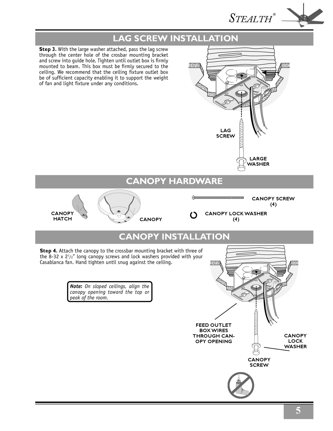 Casablanca Fan Company 32xxA owner manual LAG Screw Installation, Canopy Hardware, Canopy Installation 