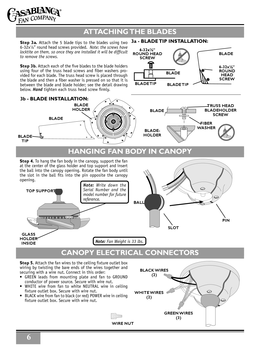 Casablanca Fan Company 32xxA owner manual Blade, ‑32x1⁄8, Glass, Ball, Inside 