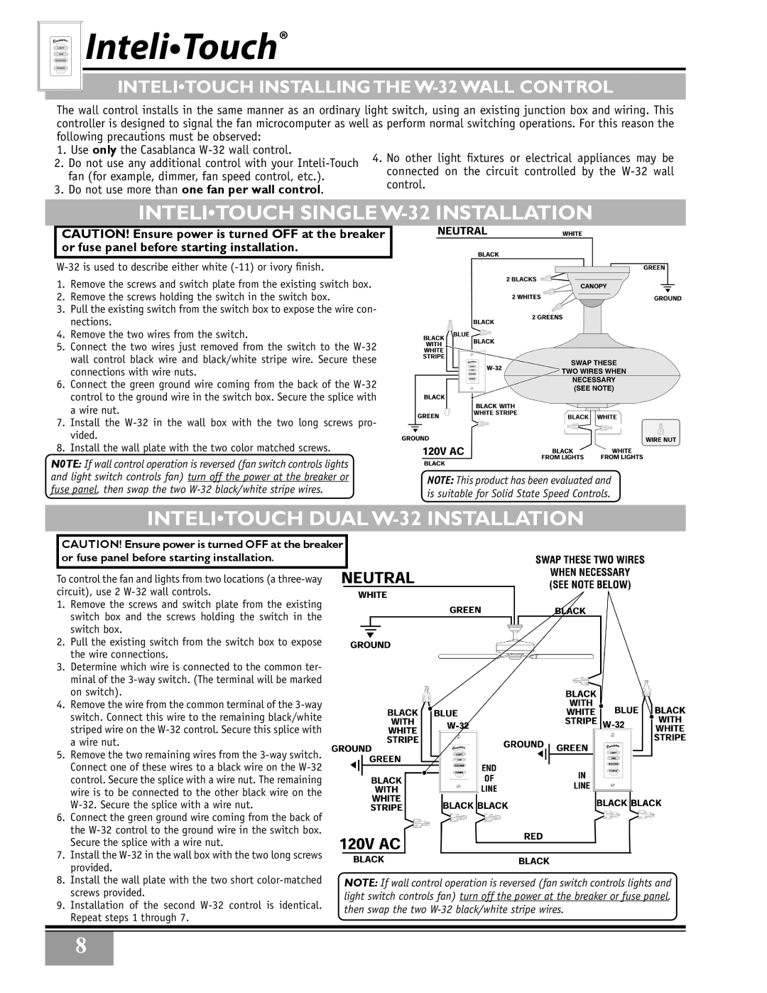 Casablanca Fan Company 32xxA owner manual Intelitouch Single W-32 Installation, Intelitouch Dual W-32 Installation 