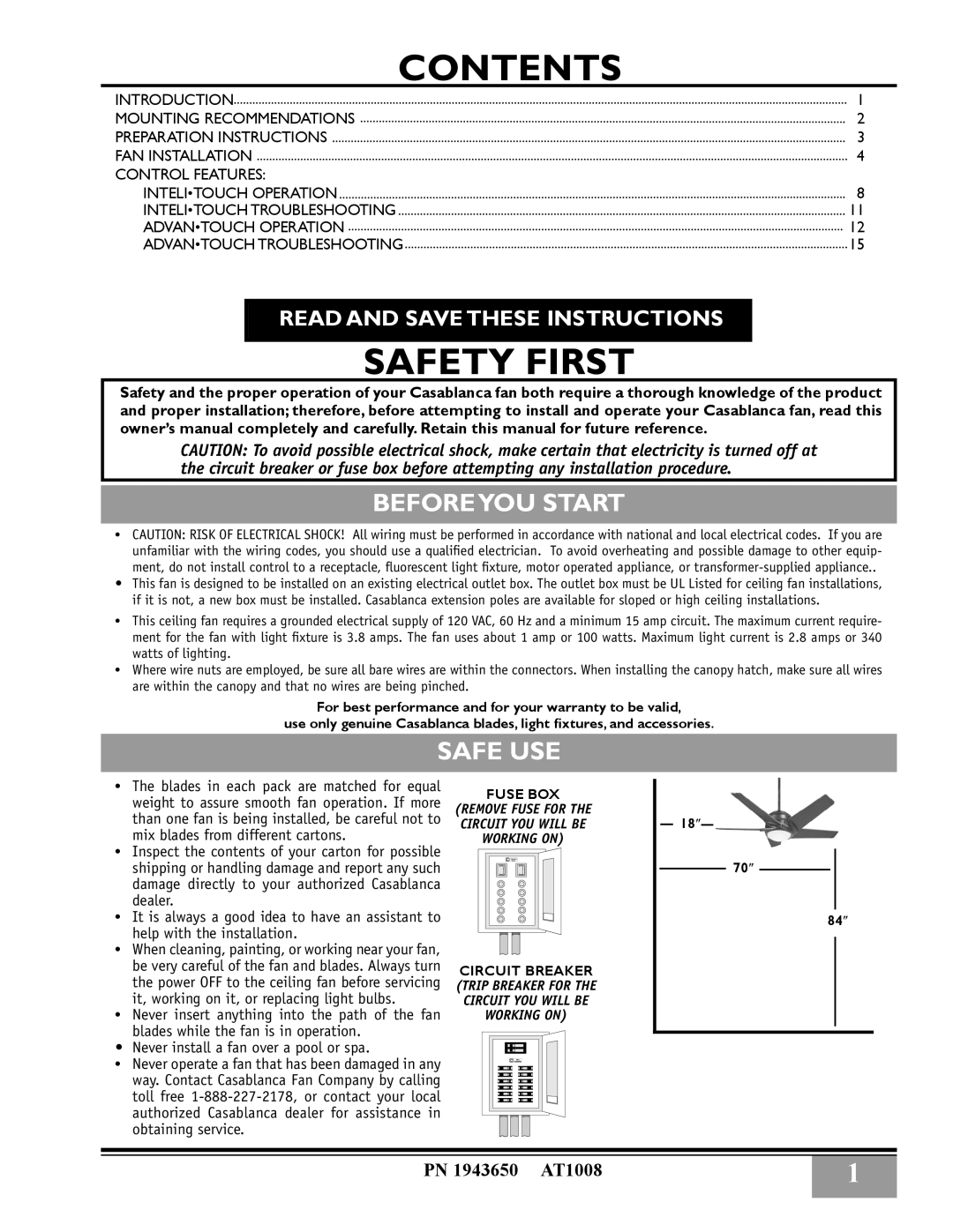 Casablanca Fan Company 32xxA owner manual Beforeyou Start, Safe Use, Read And Save These Instructions, Contents 