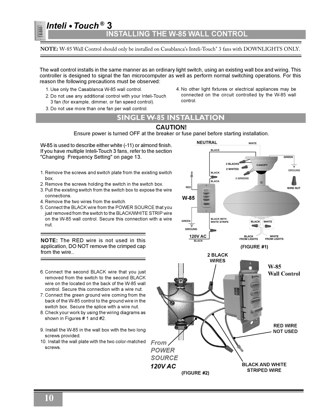 Casablanca Fan Company 38546Z, 3873Z, 3811Z warranty Installing the W-85 Wall Control, Single W-85 Installation 